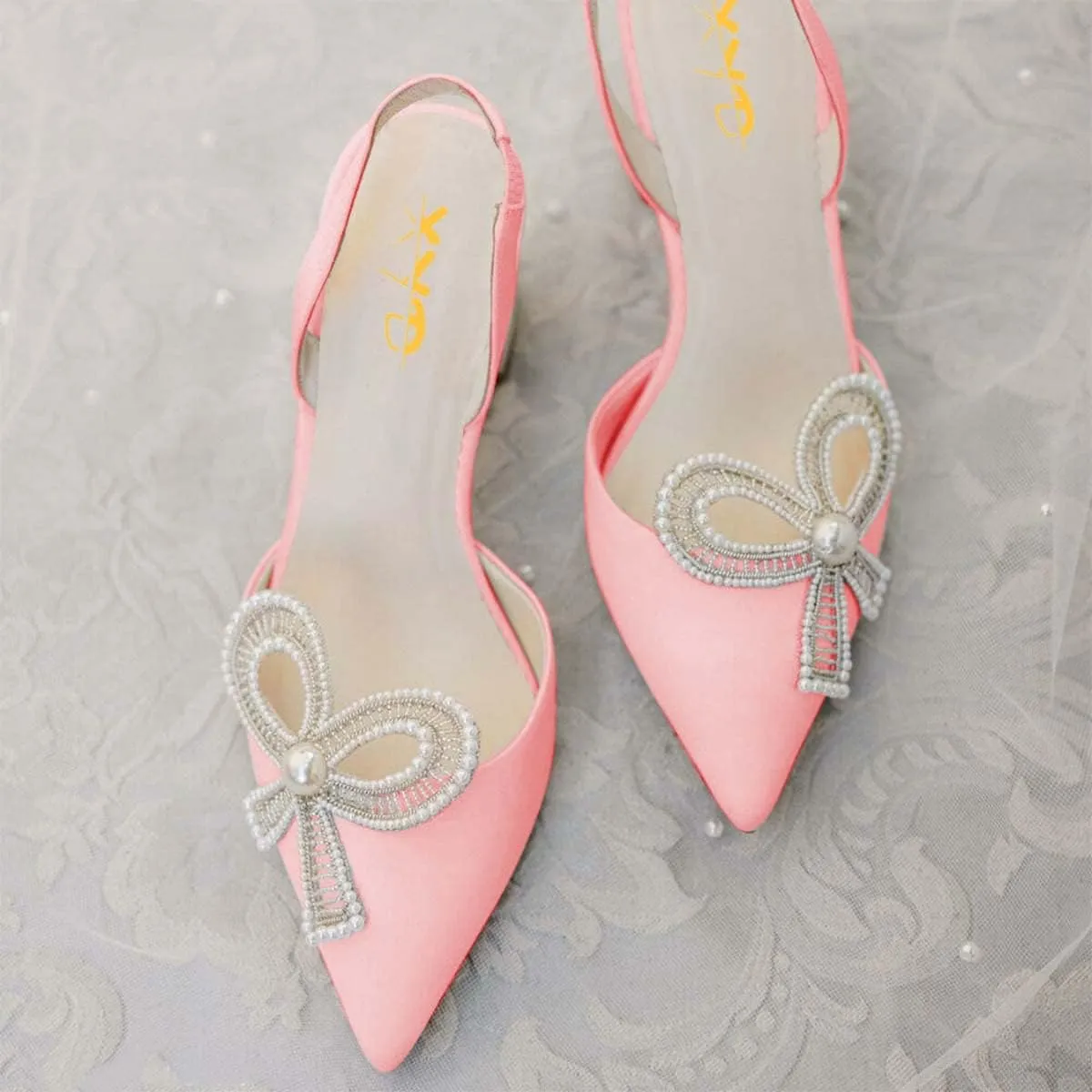 XYD Women Braided Bow Pointed Toe Pumps Mid Chunky Heel Slingback Sandals Pearls Studded Evening Wedding Shoes