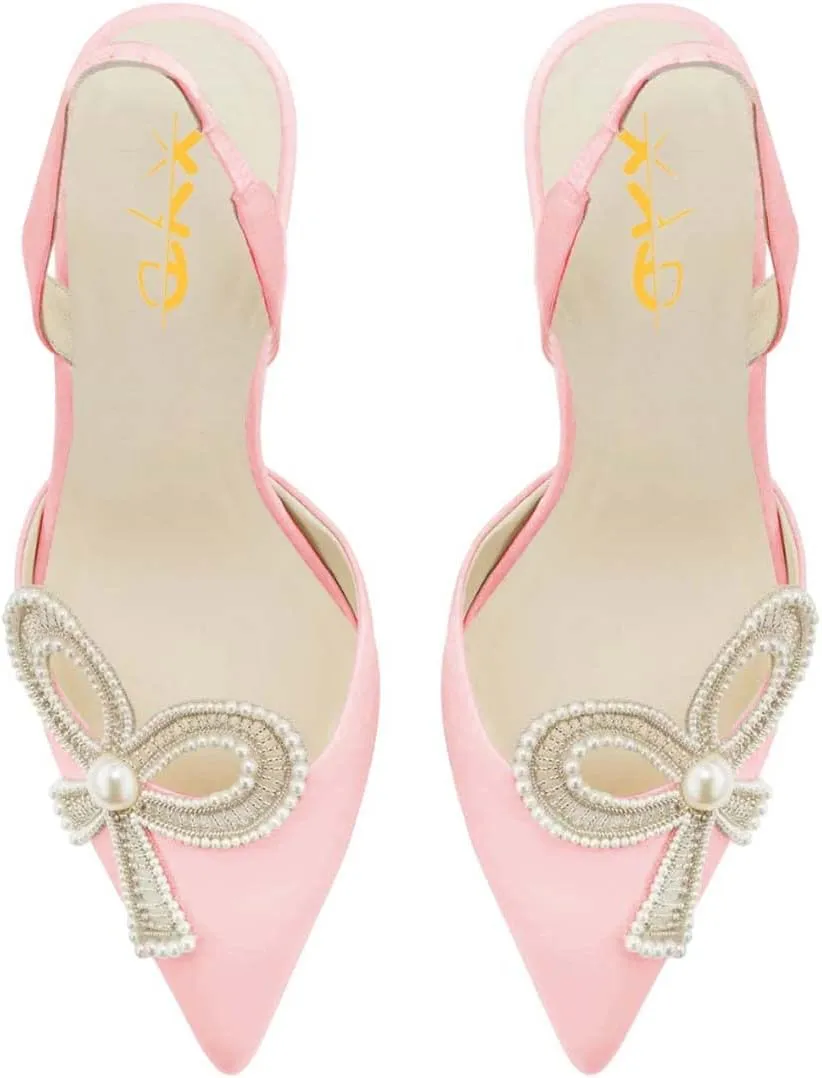 XYD Women Braided Bow Pointed Toe Pumps Mid Chunky Heel Slingback Sandals Pearls Studded Evening Wedding Shoes