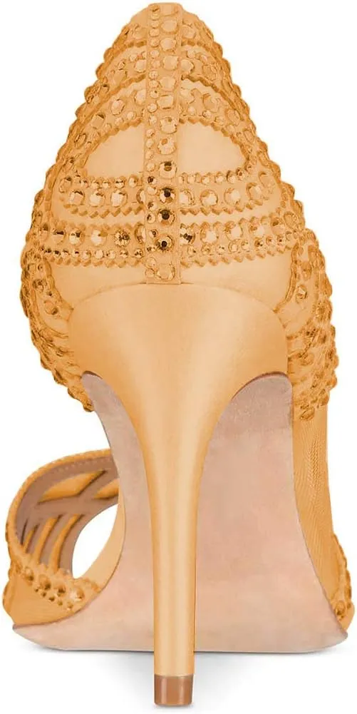 XYD Women Graceful Peep Toe Half D'Orsay Mesh Pumps Crystal Studded Slip On High Heels Wedding Bride Dress Shoes