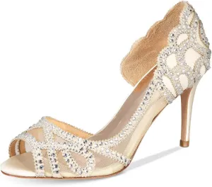 XYD Women Graceful Peep Toe Half D'Orsay Mesh Pumps Crystal Studded Slip On High Heels Wedding Bride Dress Shoes