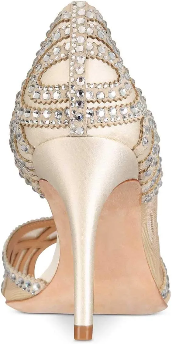 XYD Women Graceful Peep Toe Half D'Orsay Mesh Pumps Crystal Studded Slip On High Heels Wedding Bride Dress Shoes