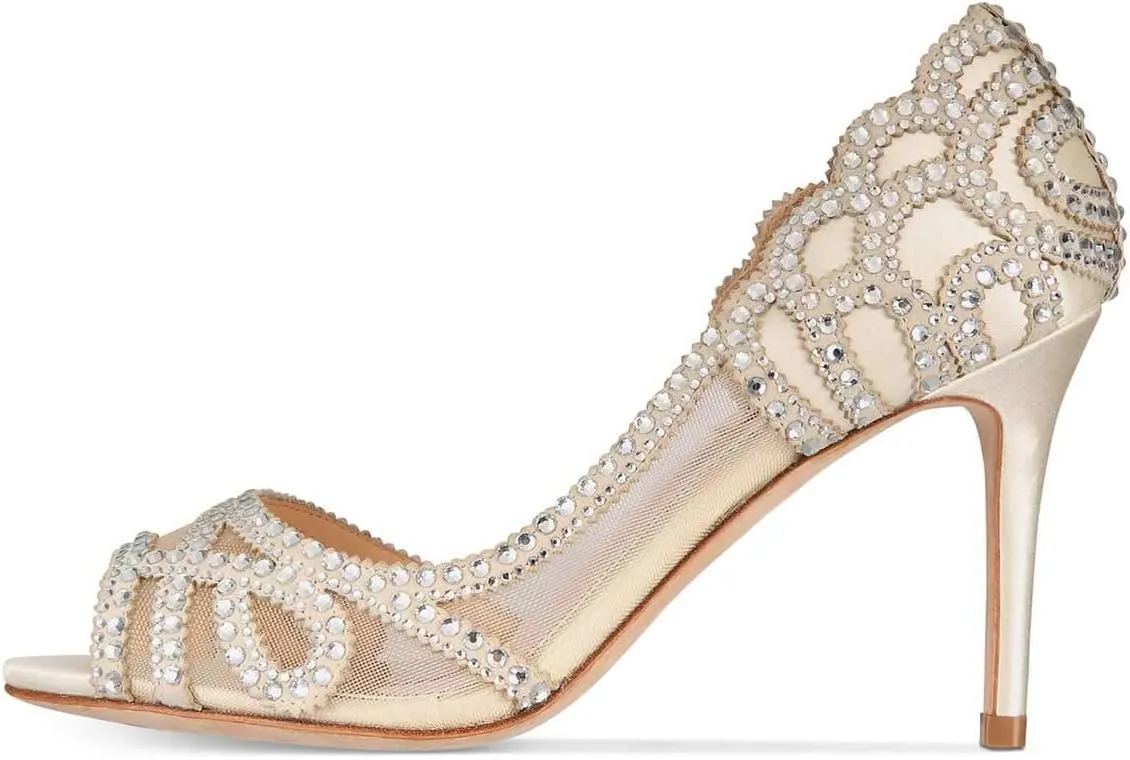XYD Women Graceful Peep Toe Half D'Orsay Mesh Pumps Crystal Studded Slip On High Heels Wedding Bride Dress Shoes