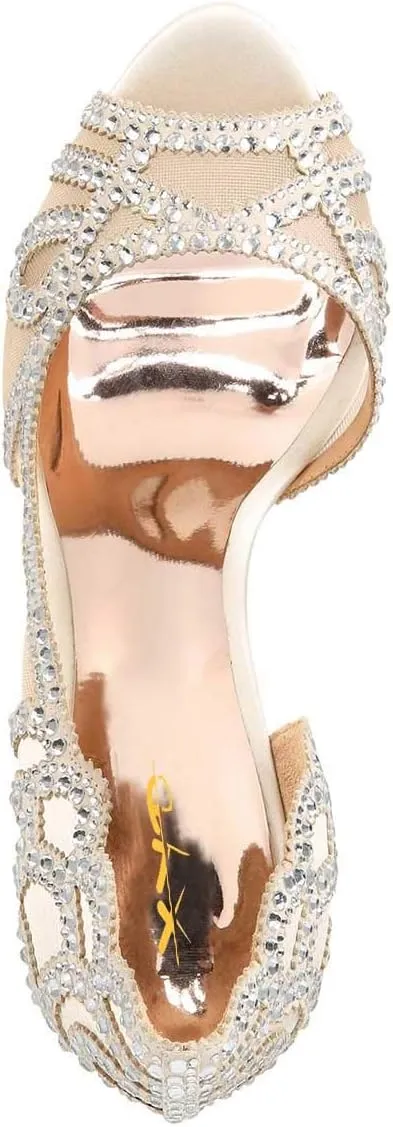XYD Women Graceful Peep Toe Half D'Orsay Mesh Pumps Crystal Studded Slip On High Heels Wedding Bride Dress Shoes