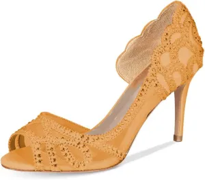 XYD Women Graceful Peep Toe Half D'Orsay Mesh Pumps Crystal Studded Slip On High Heels Wedding Bride Dress Shoes