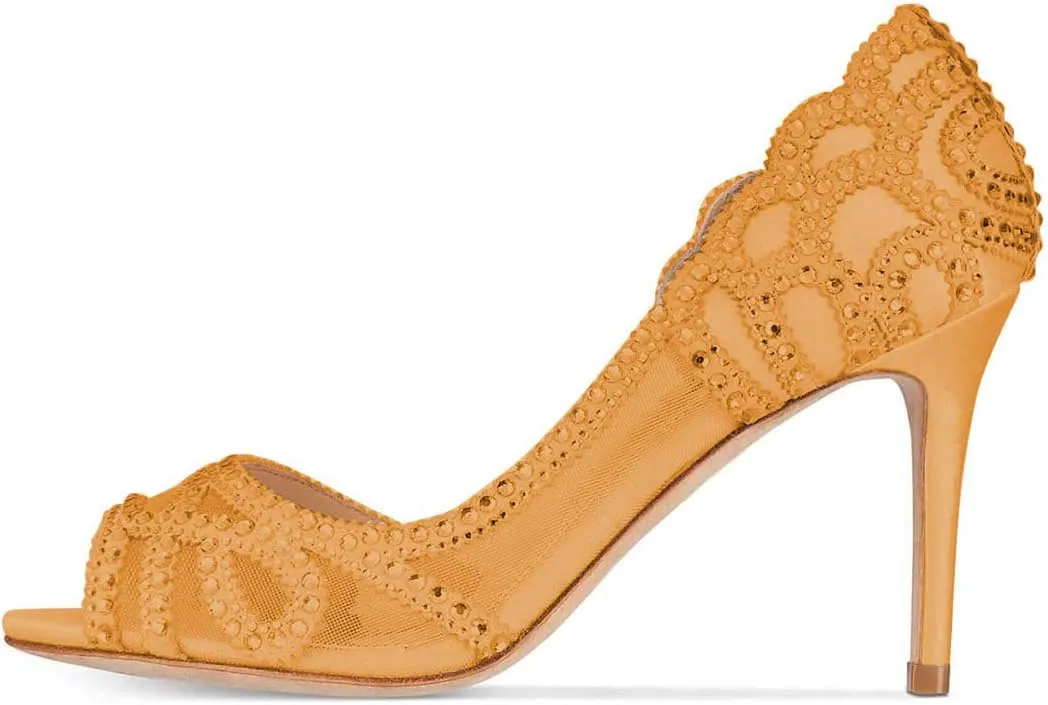 XYD Women Graceful Peep Toe Half D'Orsay Mesh Pumps Crystal Studded Slip On High Heels Wedding Bride Dress Shoes