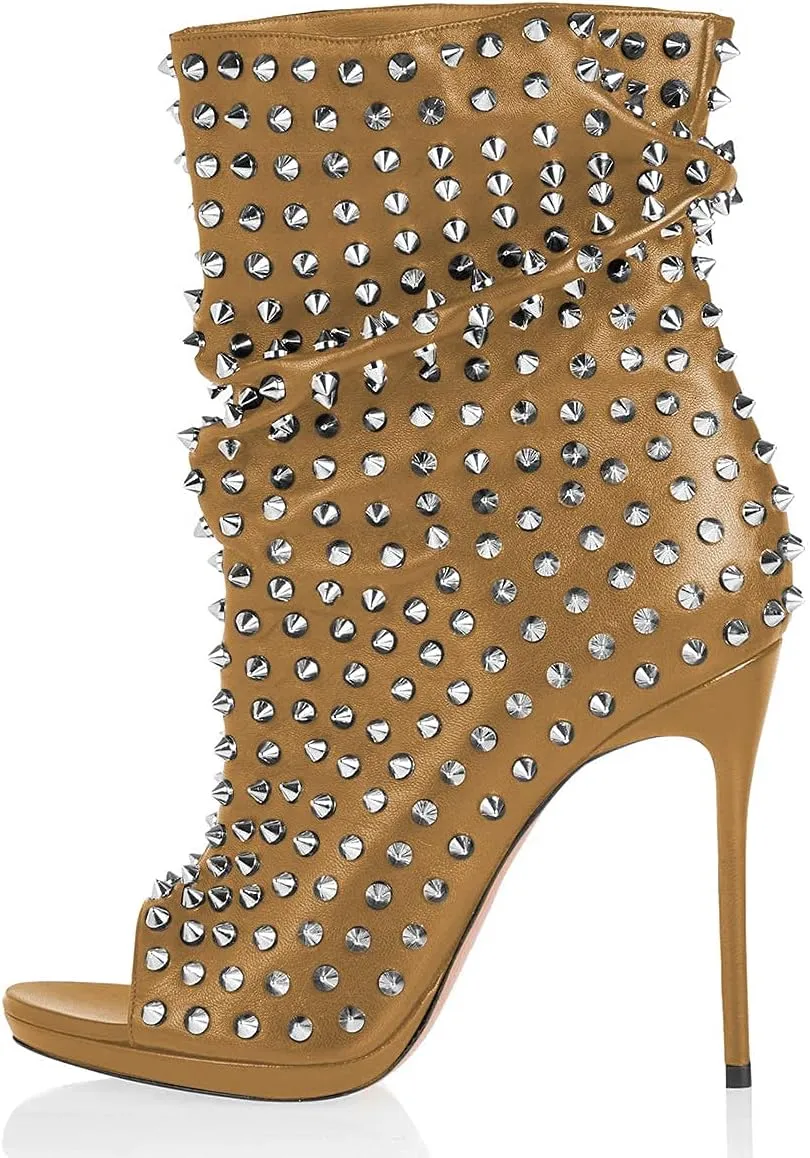 XYD Women Peep Toe High Heels Ankle Boots Rivet Studded Zip Up & Pull On Dress Booties Shoes