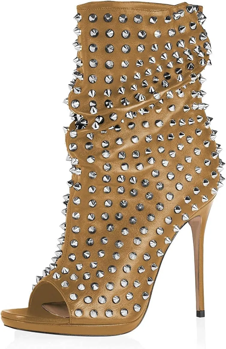 XYD Women Peep Toe High Heels Ankle Boots Rivet Studded Zip Up & Pull On Dress Booties Shoes