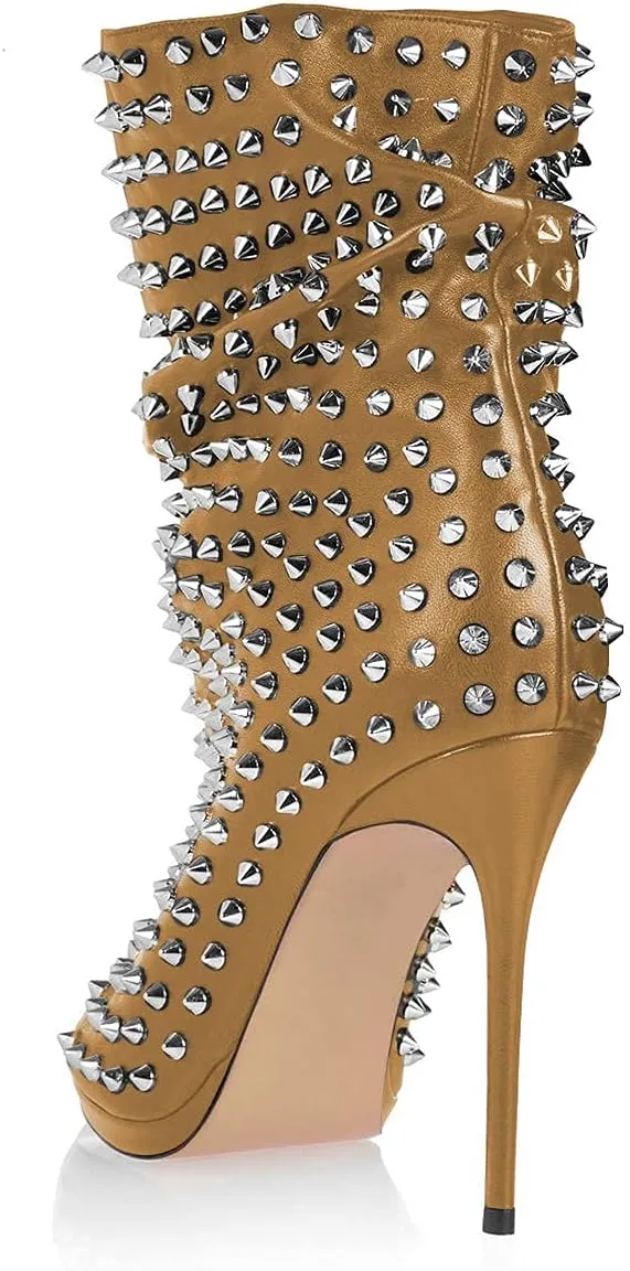 XYD Women Peep Toe High Heels Ankle Boots Rivet Studded Zip Up & Pull On Dress Booties Shoes