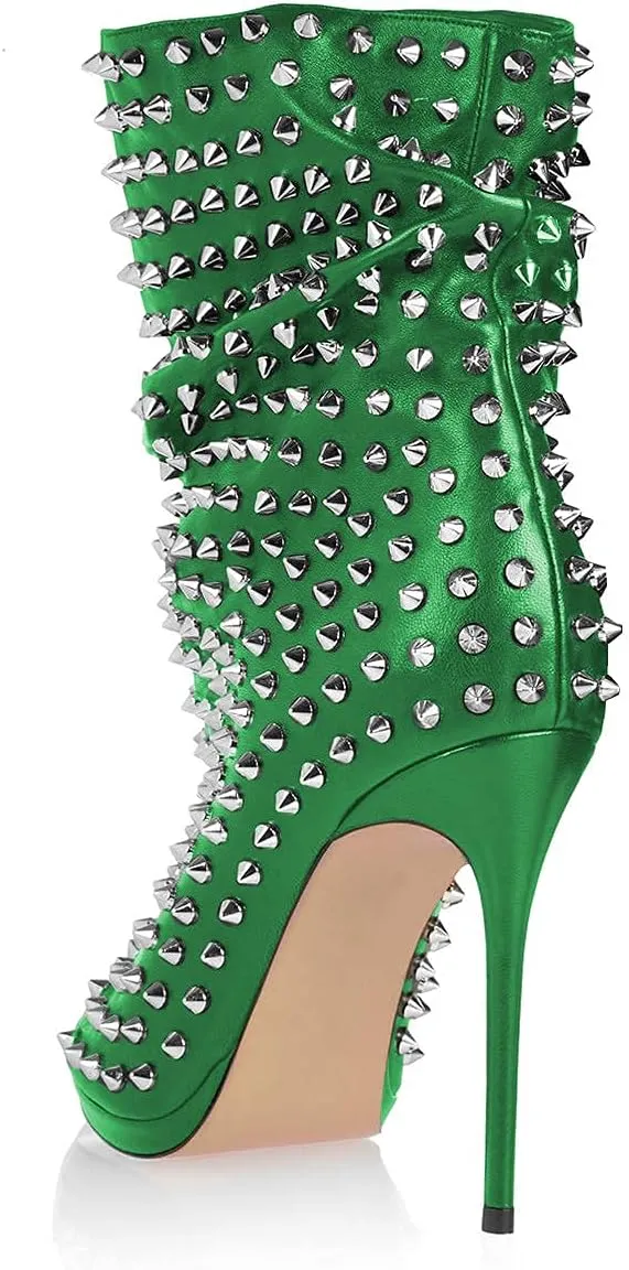 XYD Women Peep Toe High Heels Ankle Boots Rivet Studded Zip Up & Pull On Dress Booties Shoes