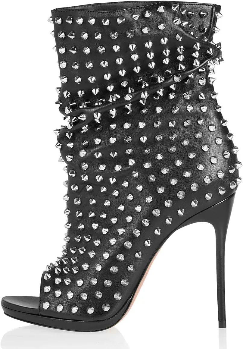 XYD Women Peep Toe High Heels Ankle Boots Rivet Studded Zip Up & Pull On Dress Booties Shoes