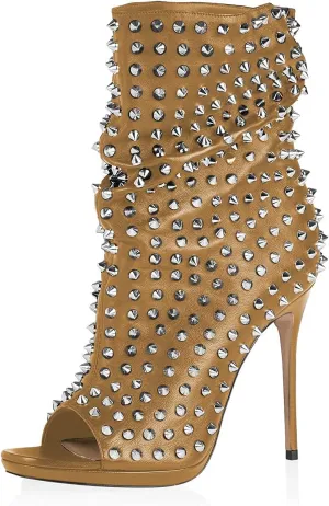 XYD Women Peep Toe High Heels Ankle Boots Rivet Studded Zip Up & Pull On Dress Booties Shoes