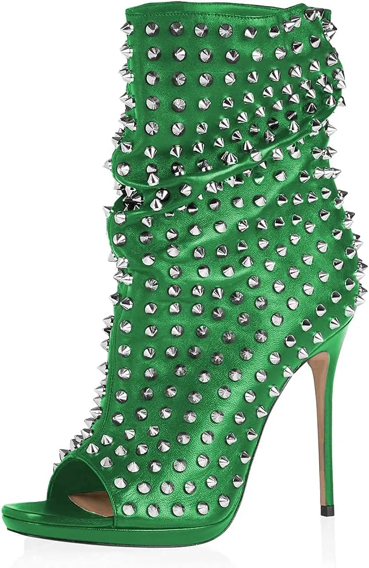 XYD Women Peep Toe High Heels Ankle Boots Rivet Studded Zip Up & Pull On Dress Booties Shoes