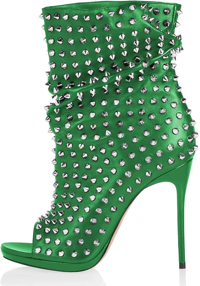 XYD Women Peep Toe High Heels Ankle Boots Rivet Studded Zip Up & Pull On Dress Booties Shoes