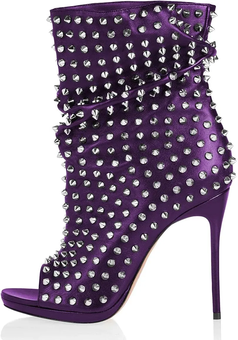 XYD Women Peep Toe High Heels Ankle Boots Rivet Studded Zip Up & Pull On Dress Booties Shoes