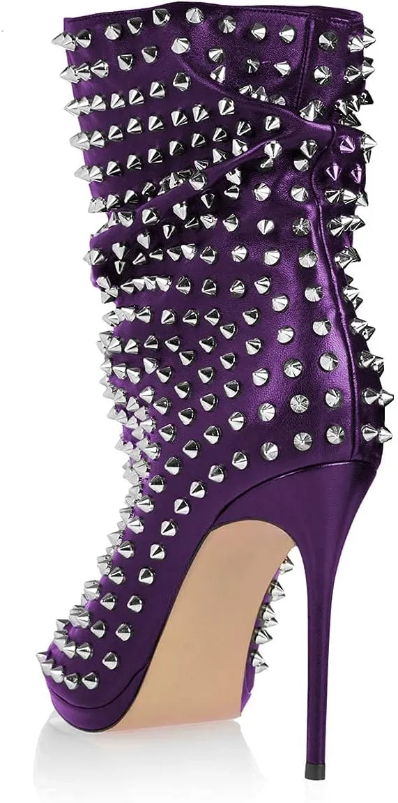 XYD Women Peep Toe High Heels Ankle Boots Rivet Studded Zip Up & Pull On Dress Booties Shoes