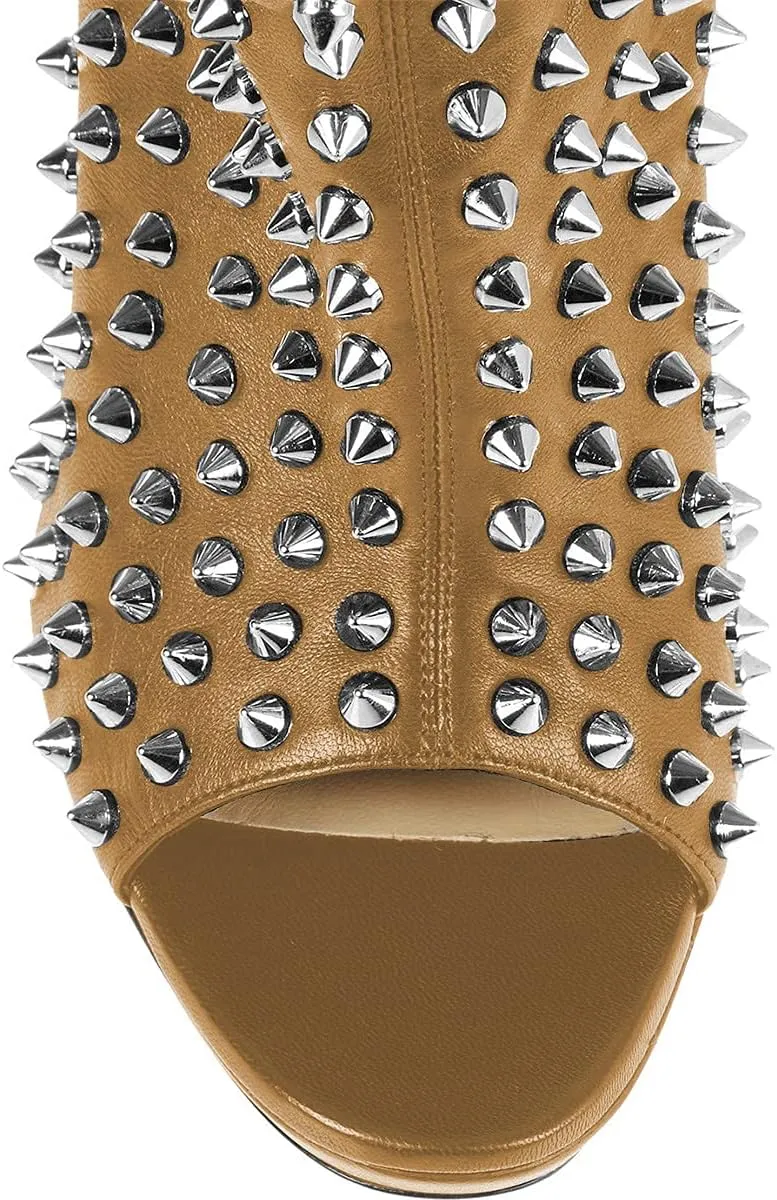 XYD Women Peep Toe High Heels Ankle Boots Rivet Studded Zip Up & Pull On Dress Booties Shoes