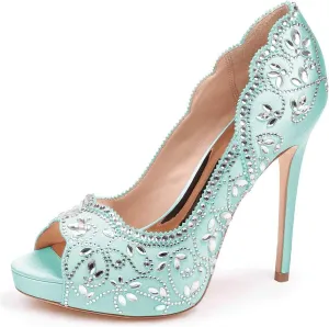 XYD Women Peep Toe Platform Rhinestones Studded Bridal Pumps Satin Stiletto Heels Slip On Wedding Bride Shoes