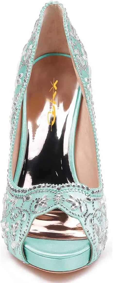 XYD Women Peep Toe Platform Rhinestones Studded Bridal Pumps Satin Stiletto Heels Slip On Wedding Bride Shoes