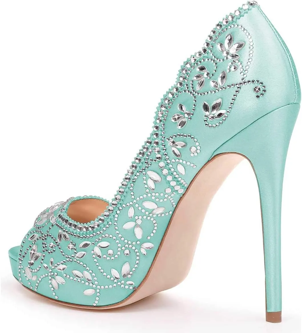 XYD Women Peep Toe Platform Rhinestones Studded Bridal Pumps Satin Stiletto Heels Slip On Wedding Bride Shoes