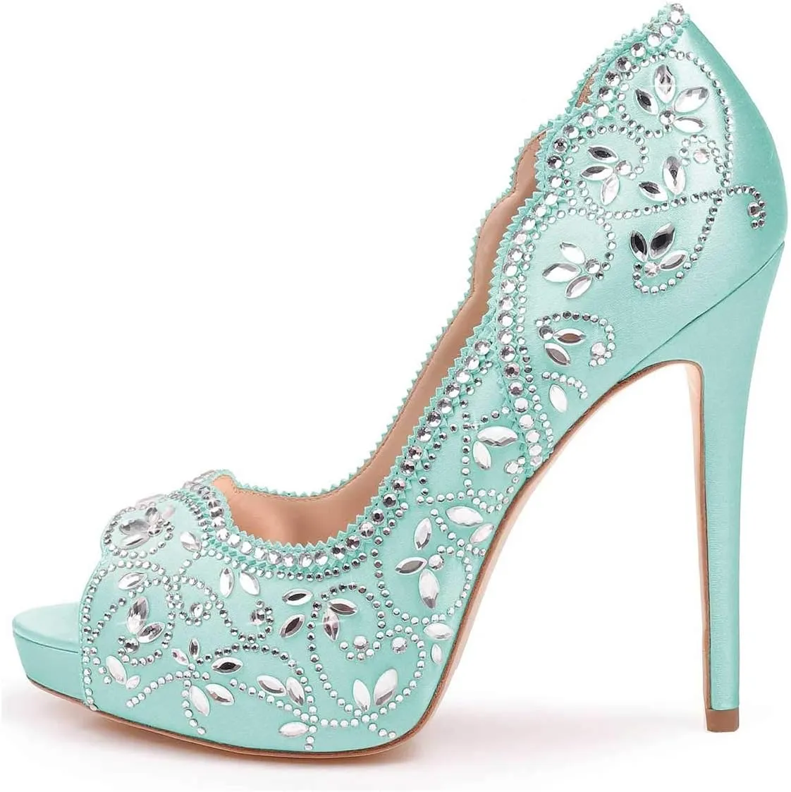 XYD Women Peep Toe Platform Rhinestones Studded Bridal Pumps Satin Stiletto Heels Slip On Wedding Bride Shoes
