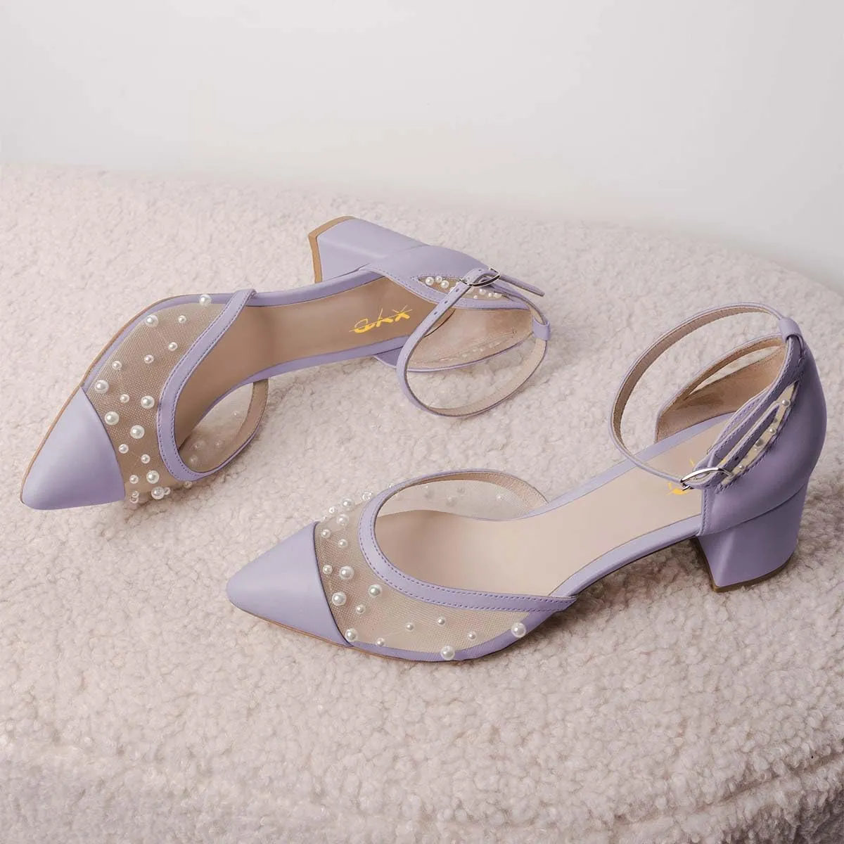XYD Women Pointed Toe Cap Pearls D'Orsay Pumps Block Mid Heels Ankle Strap Mesh Dress Party Date Shoes