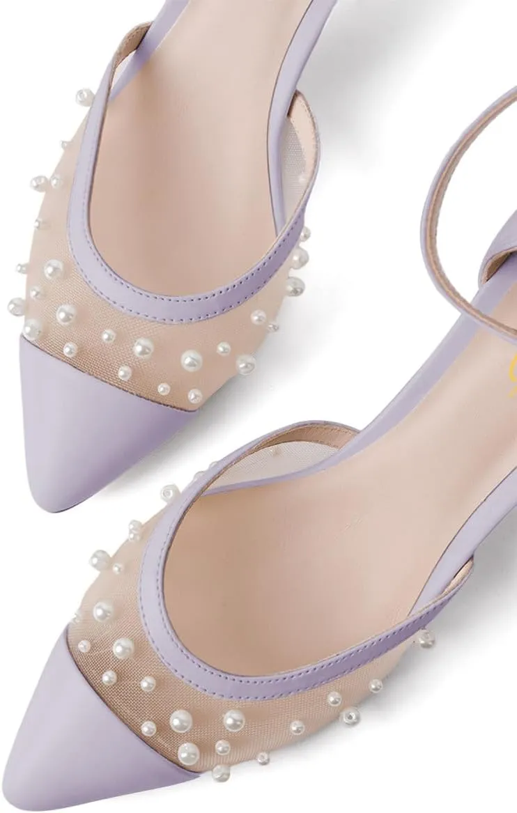 XYD Women Pointed Toe Cap Pearls D'Orsay Pumps Block Mid Heels Ankle Strap Mesh Dress Party Date Shoes