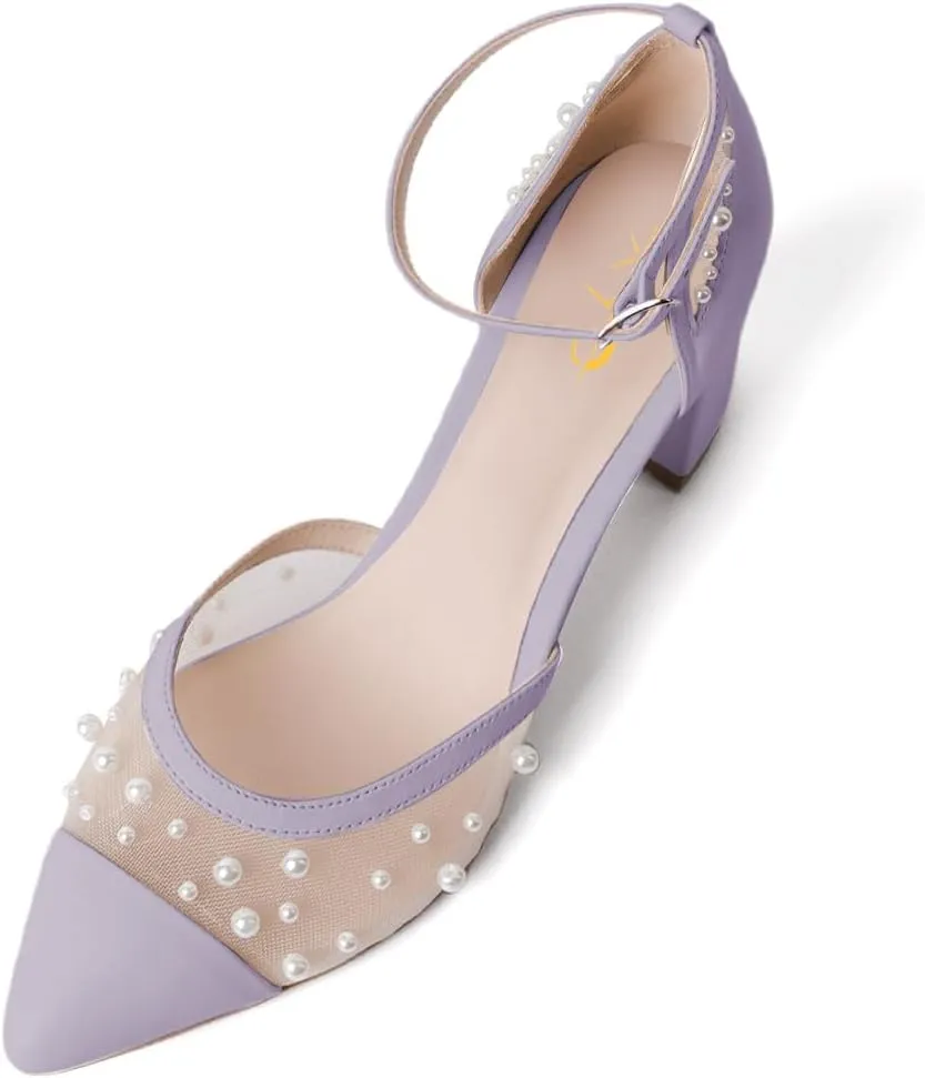 XYD Women Pointed Toe Cap Pearls D'Orsay Pumps Block Mid Heels Ankle Strap Mesh Dress Party Date Shoes