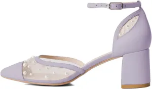 XYD Women Pointed Toe Cap Pearls D'Orsay Pumps Block Mid Heels Ankle Strap Mesh Dress Party Date Shoes