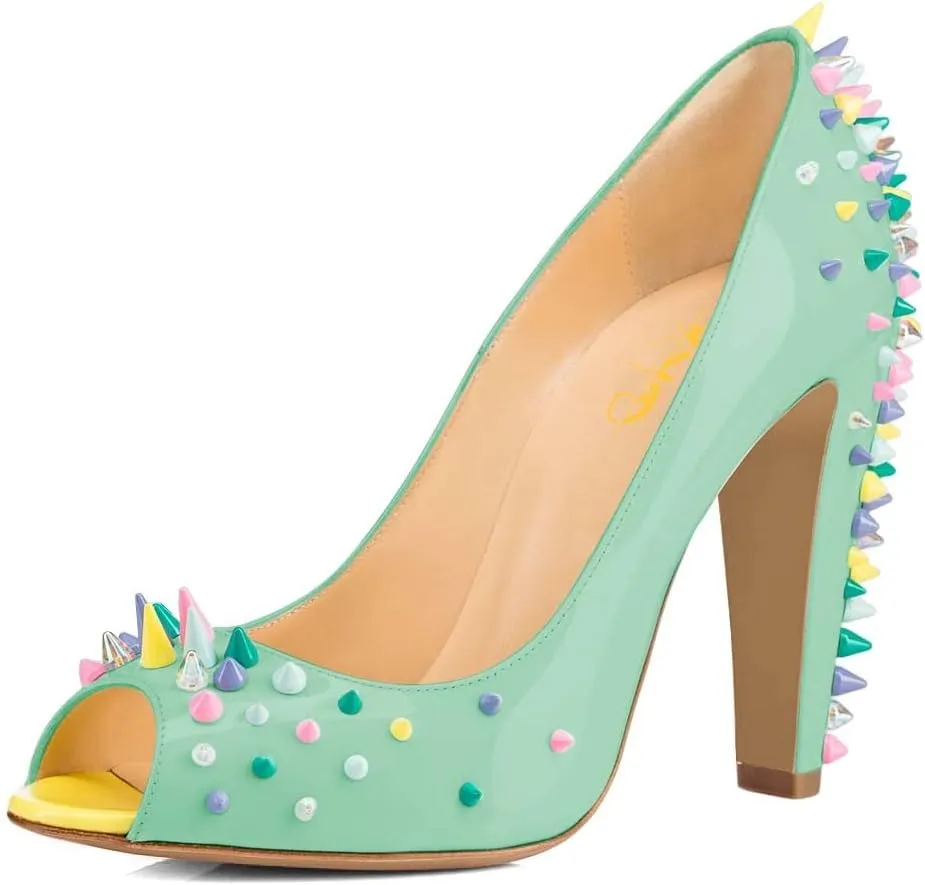 XYD Women Sexy Peep Toe Rivets Studded Slip On Pumps High Chunky Heel Nightclub Retro Party Dress Shoes