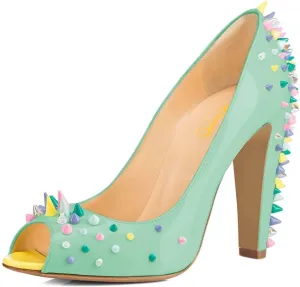 XYD Women Sexy Peep Toe Rivets Studded Slip On Pumps High Chunky Heel Nightclub Retro Party Dress Shoes