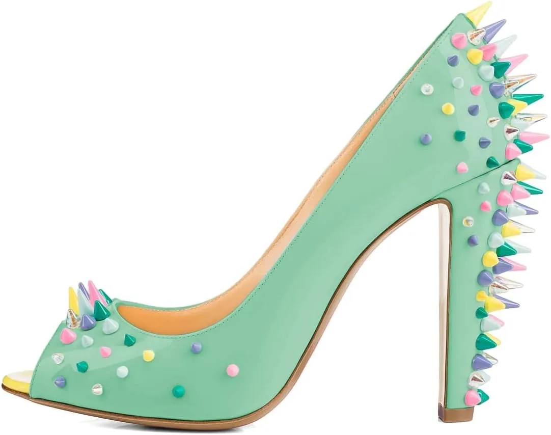 XYD Women Sexy Peep Toe Rivets Studded Slip On Pumps High Chunky Heel Nightclub Retro Party Dress Shoes