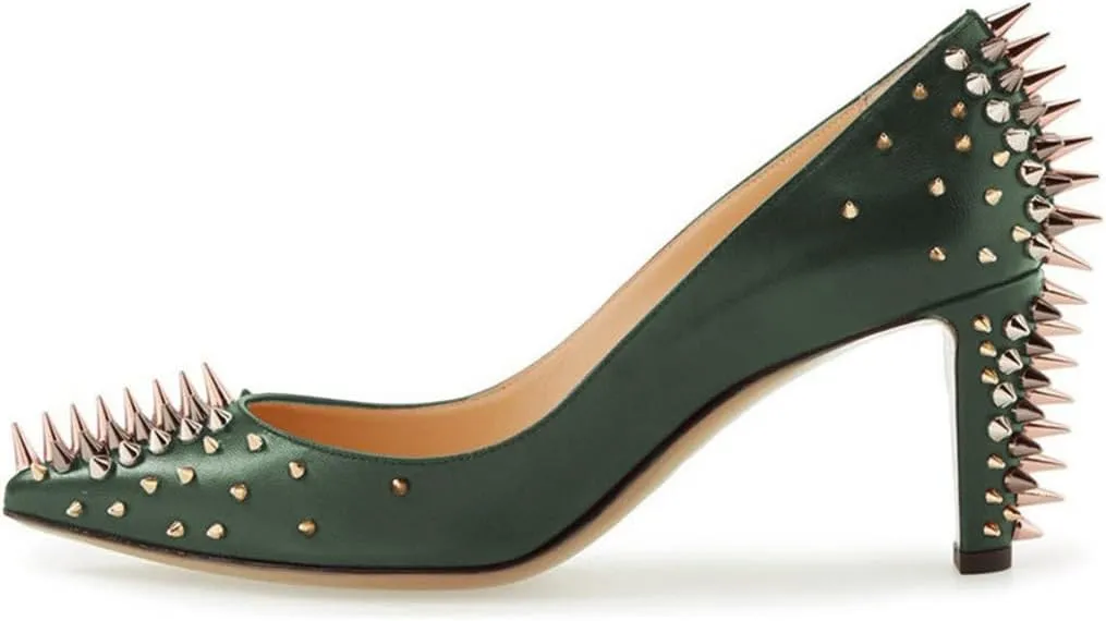 XYD Women Spikes Mid Heel Studded Pumps Pointed Closed Toe Rivets Slip On Edgy Party Dress Shoes