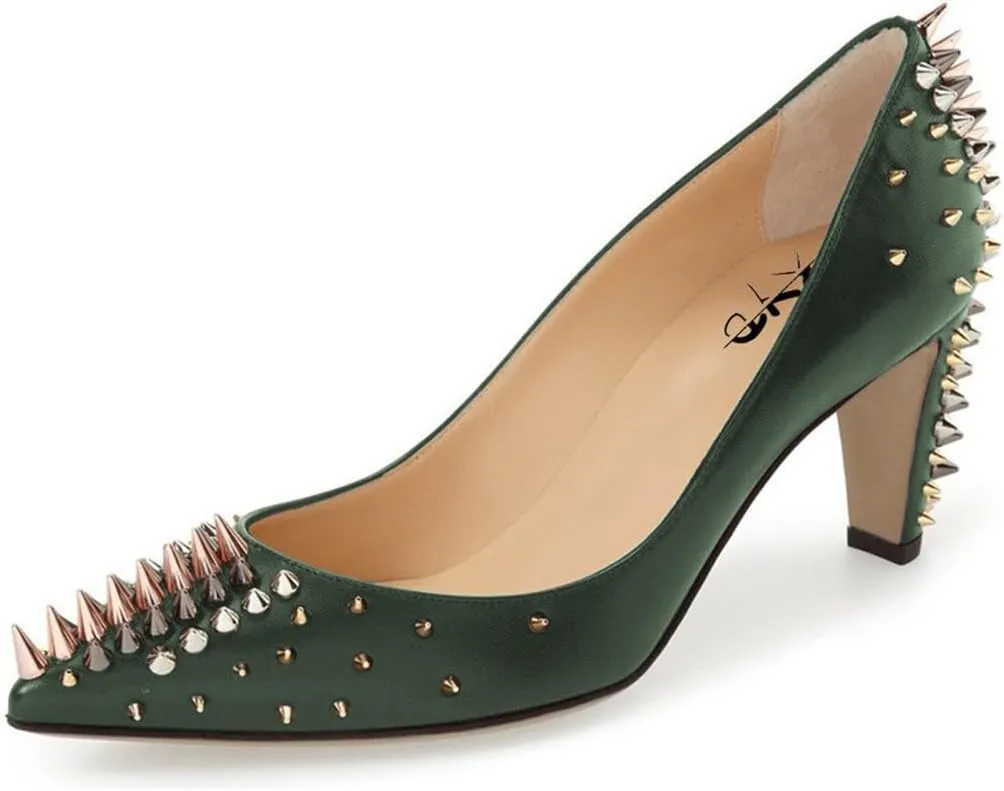 XYD Women Spikes Mid Heel Studded Pumps Pointed Closed Toe Rivets Slip On Edgy Party Dress Shoes