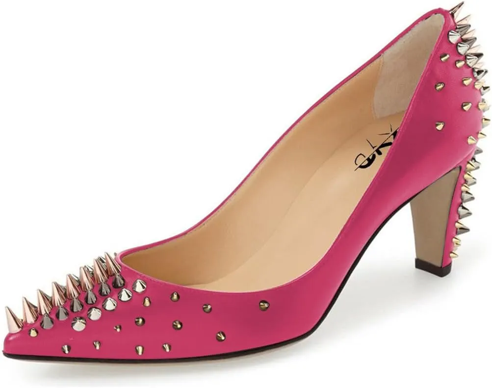 XYD Women Spikes Mid Heel Studded Pumps Pointed Closed Toe Rivets Slip On Edgy Party Dress Shoes