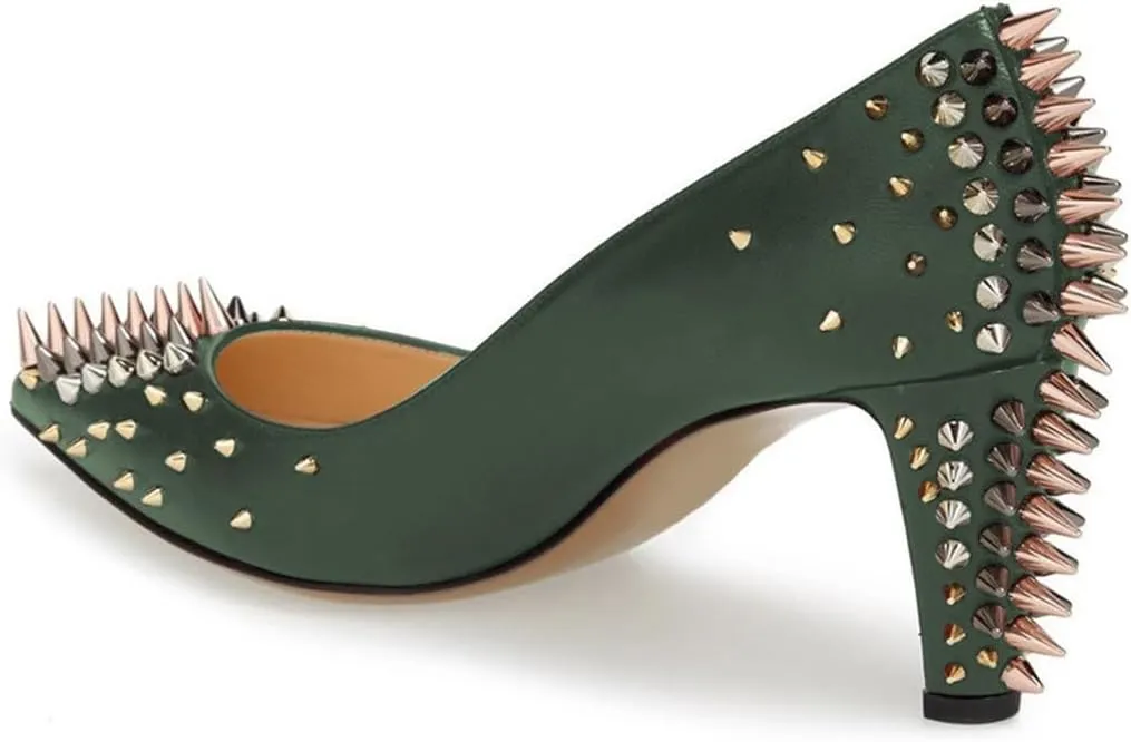 XYD Women Spikes Mid Heel Studded Pumps Pointed Closed Toe Rivets Slip On Edgy Party Dress Shoes