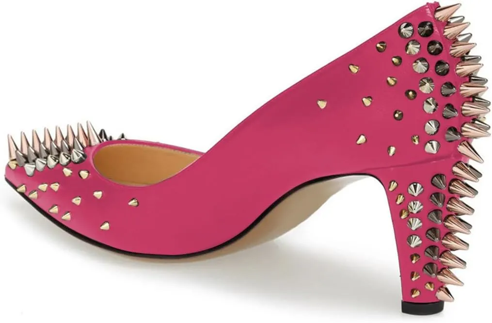 XYD Women Spikes Mid Heel Studded Pumps Pointed Closed Toe Rivets Slip On Edgy Party Dress Shoes