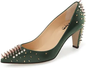 XYD Women Spikes Mid Heel Studded Pumps Pointed Closed Toe Rivets Slip On Edgy Party Dress Shoes