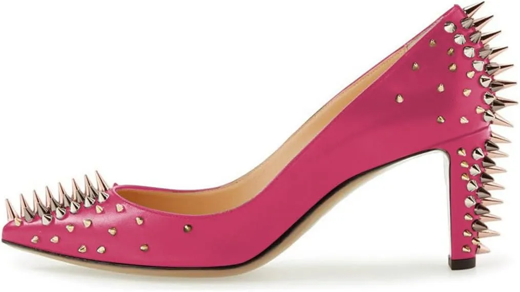 XYD Women Spikes Mid Heel Studded Pumps Pointed Closed Toe Rivets Slip On Edgy Party Dress Shoes