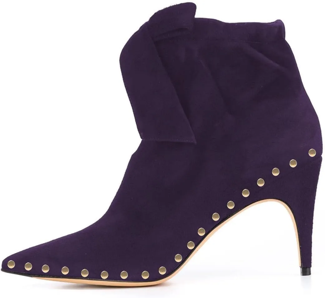 XYD Women Studded Pointed Toe Ankle Booties Kitten Mid Heels Stylish Short Boots with Bow Party Shoes