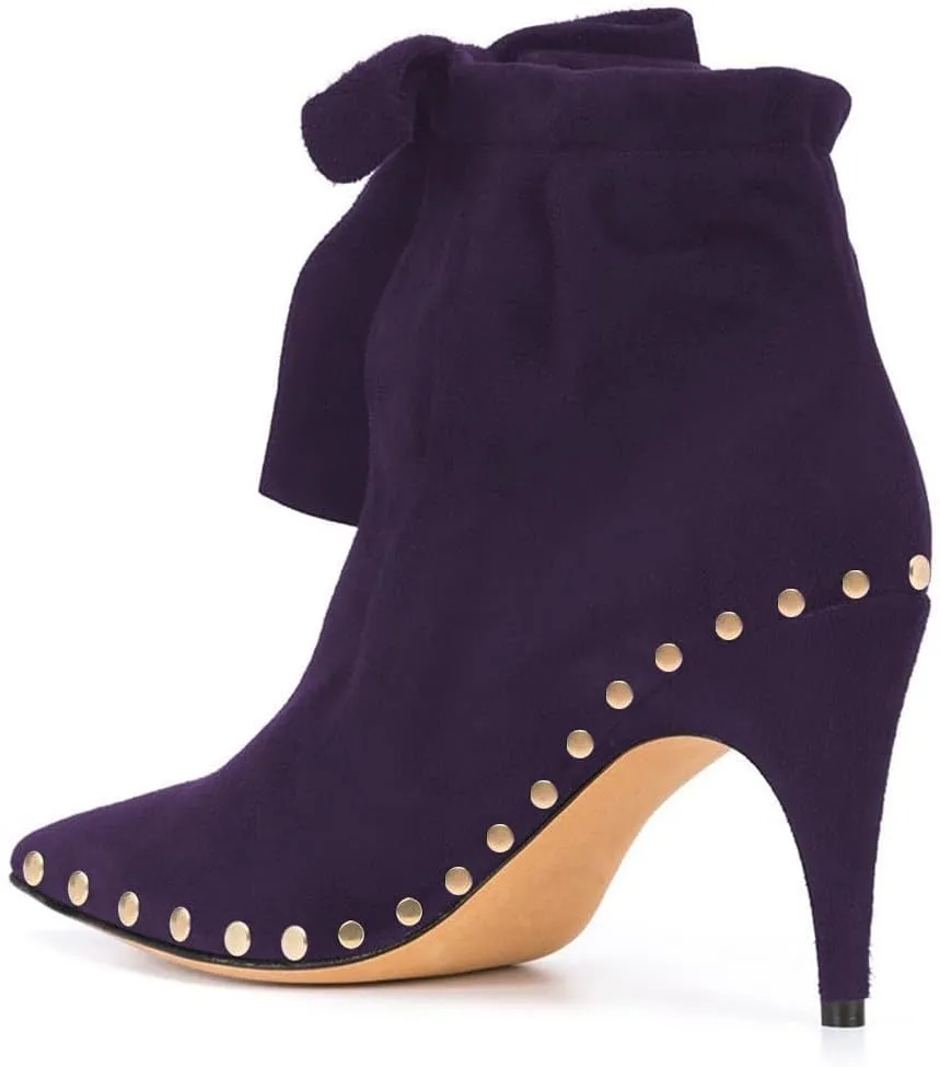 XYD Women Studded Pointed Toe Ankle Booties Kitten Mid Heels Stylish Short Boots with Bow Party Shoes