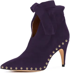 XYD Women Studded Pointed Toe Ankle Booties Kitten Mid Heels Stylish Short Boots with Bow Party Shoes