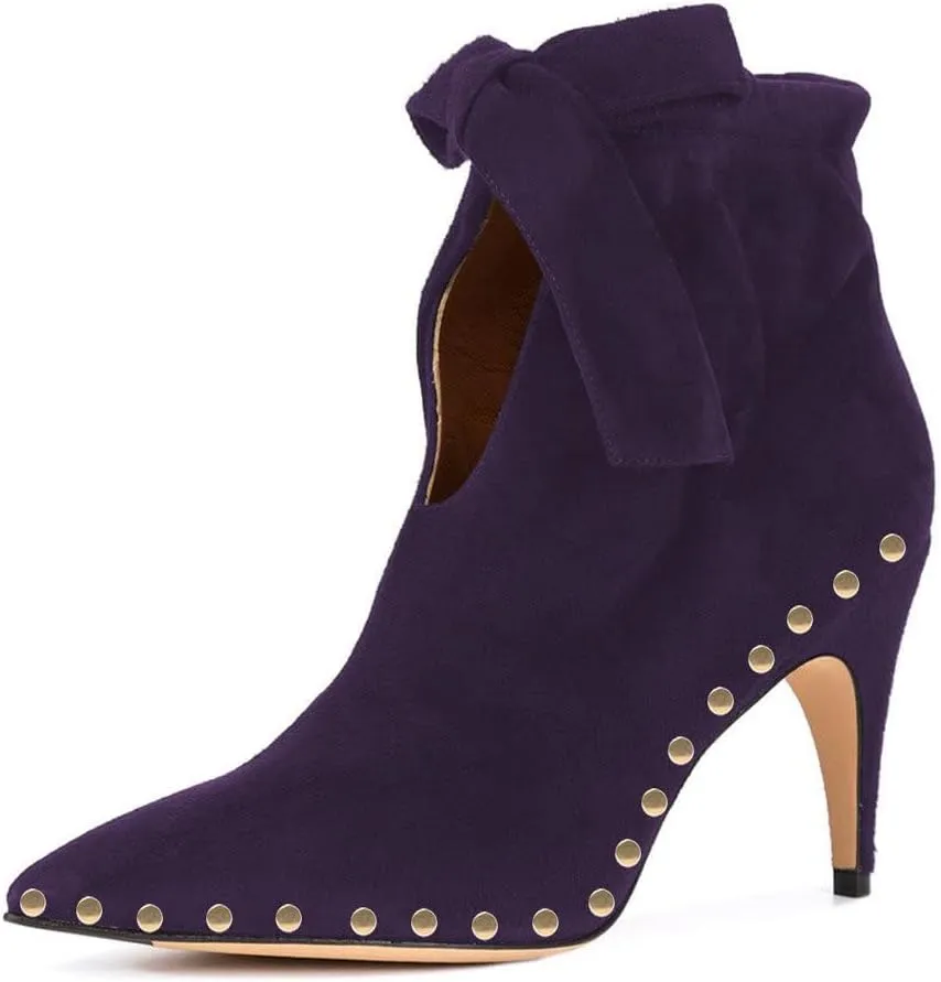 XYD Women Studded Pointed Toe Ankle Booties Kitten Mid Heels Stylish Short Boots with Bow Party Shoes