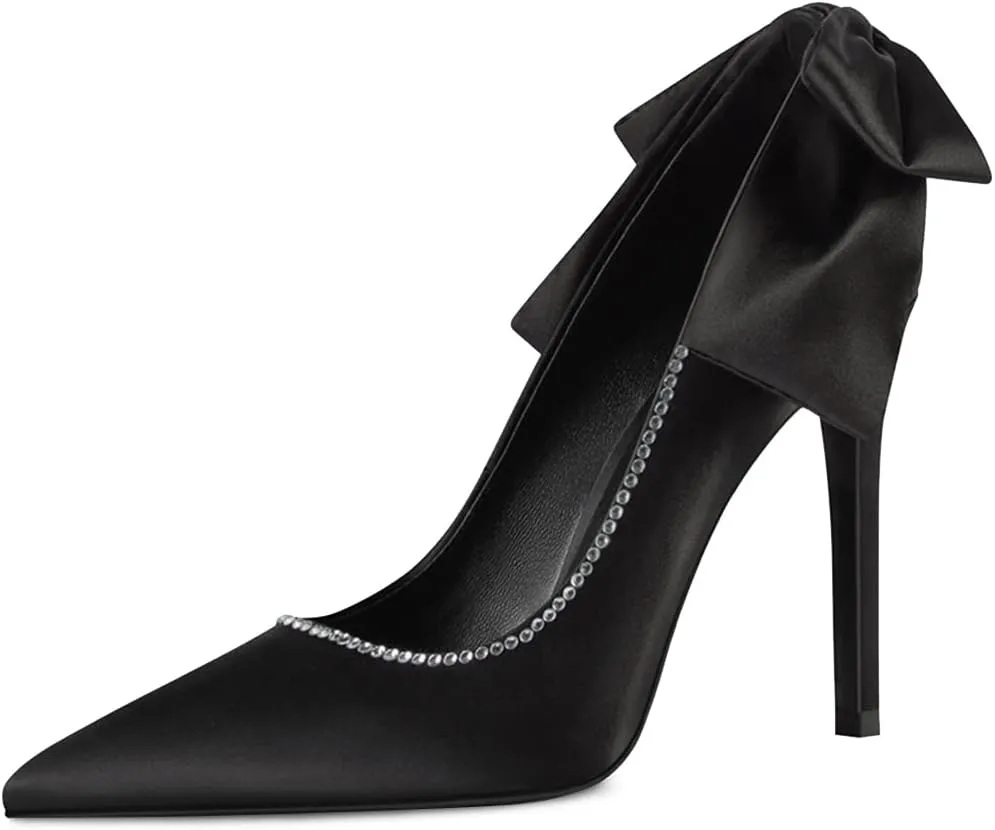 XYD Women's Elegant Silk Satin Pointy Toe Rhinestone Adorn Slip On Pumps with Back Big Bowknot Stiletto Heels Party Chic Dress Wedding Bridal Shoes