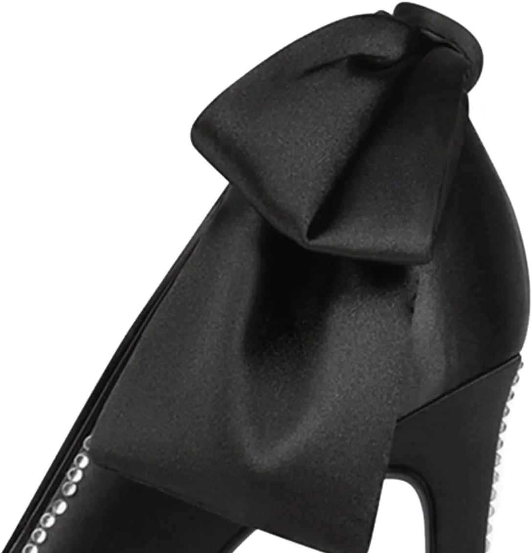XYD Women's Elegant Silk Satin Pointy Toe Rhinestone Adorn Slip On Pumps with Back Big Bowknot Stiletto Heels Party Chic Dress Wedding Bridal Shoes