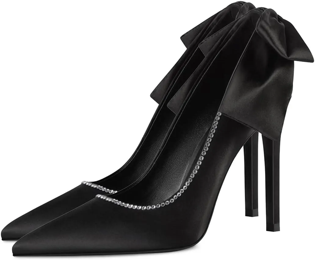 XYD Women's Elegant Silk Satin Pointy Toe Rhinestone Adorn Slip On Pumps with Back Big Bowknot Stiletto Heels Party Chic Dress Wedding Bridal Shoes