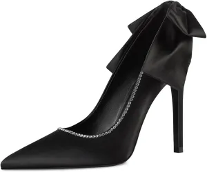 XYD Women's Elegant Silk Satin Pointy Toe Rhinestone Adorn Slip On Pumps with Back Big Bowknot Stiletto Heels Party Chic Dress Wedding Bridal Shoes