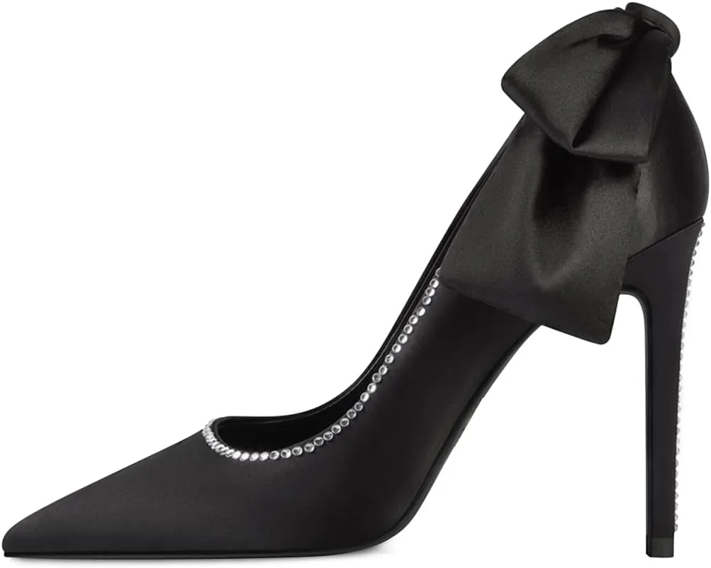 XYD Women's Elegant Silk Satin Pointy Toe Rhinestone Adorn Slip On Pumps with Back Big Bowknot Stiletto Heels Party Chic Dress Wedding Bridal Shoes