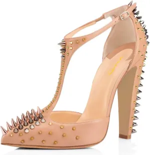 XYD Women's Fashion Rivets T-Strap Chunky Heel Pumps Pointed Toe Spikes Studded Nightclub Party D'Orsay Shoes