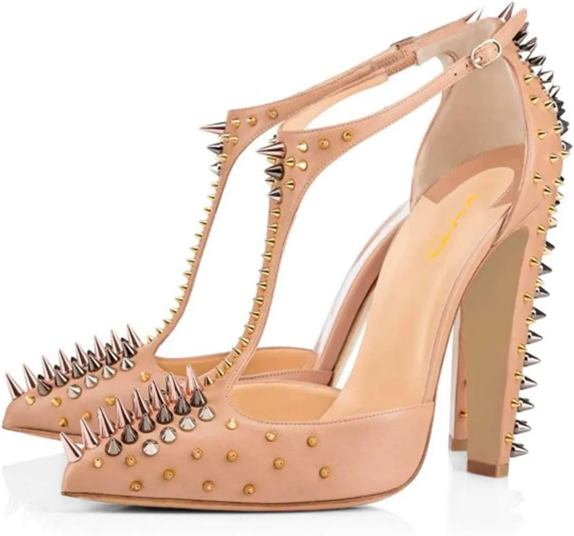 XYD Women's Fashion Rivets T-Strap Chunky Heel Pumps Pointed Toe Spikes Studded Nightclub Party D'Orsay Shoes