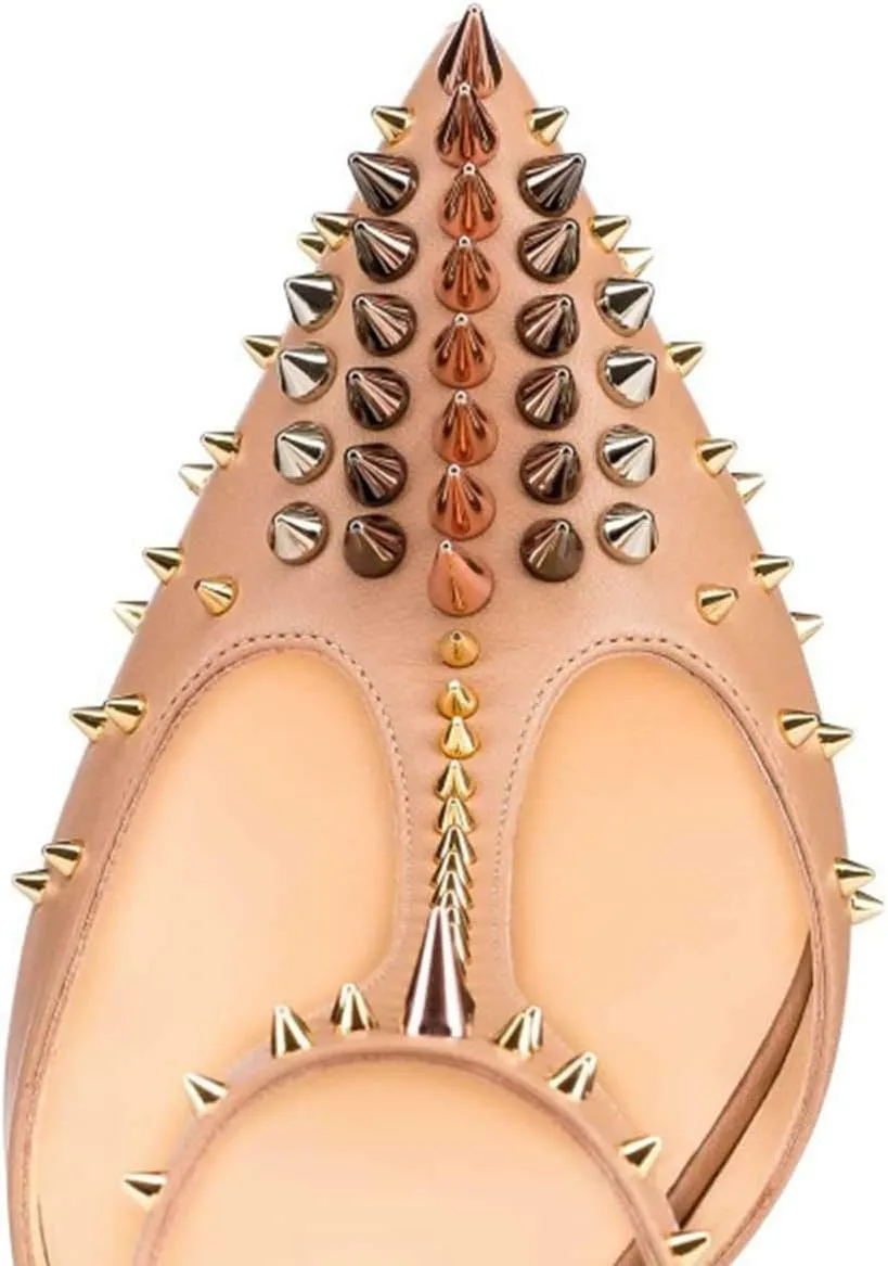 XYD Women's Fashion Rivets T-Strap Chunky Heel Pumps Pointed Toe Spikes Studded Nightclub Party D'Orsay Shoes
